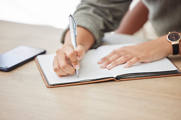 Image showing Woman hands, writing and notebook for planning schedule, agenda or list with a pen on an office table. Book, planner or journal with creative ideas, strategy or goals as inspiration for writer person