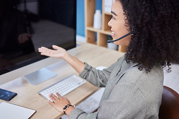 Image showing Call center, telemarketing and woman with a computer for customer support, crm and receptionist. Contact us, help and happy agent talking online, giving service and planning on a pc at an agency