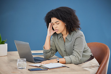 Image showing Business, laptop and black woman with headache, stress and burnout in office, overworked and deadline. Corporate, African American female employee and tired leader with pain, depression or frustrated