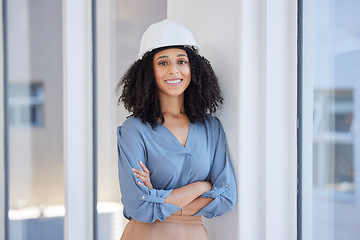 Image showing Woman architect, portrait and business construction industry leader with success in a office. Proud, smile and happiness of a architectural engineer company employee ready for safety project work