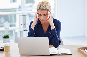 Image showing Workplace stress, business woman with headache at desk and reading email on laptop in London office. Receptionist working, young person with burnout or frustrated secretary with crisis at company