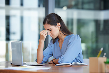 Image showing Stress, headache and business woman on laptop at office desk with 404 technology glitch. Tired worker, burnout and computer mistake with anxiety, fatigue and depression of problem, crisis and doubt