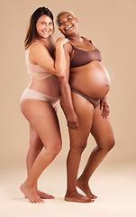 Image showing Pregnant body, portrait and bonding women on studio background in body empowerment, love or baby support. Smile, happy and pregnancy mothers in underwear, child family planning or healthcare wellness