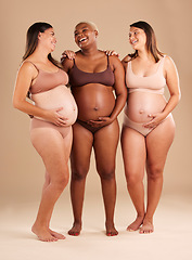 Image showing Pregnancy, underwear and studio women with smile, happy and excited for baby, stomach growth or motherhood. Gynecology, diversity and pregnant model with solidarity, community and maternity support