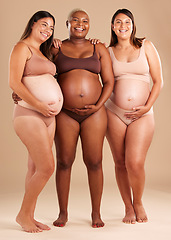 Image showing Pregnant, body and portrait of women in belly support touch, hope and community diversity on studio background. Smile, happy and pregnancy friends in underwear, stomach growth and healthcare wellness