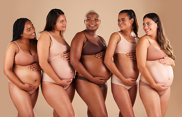 Image showing Happy women, body or holding pregnant stomach in support line, solidarity or community diversity on studio background. Pregnancy, friends and people in underwear for belly growth or mothers day pride