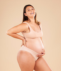 Image showing Laughing, body or holding pregnancy stomach in underwear on studio background protection, woman love or baby support. Smile, happy or funny pregnant mother with belly or joke on mock up