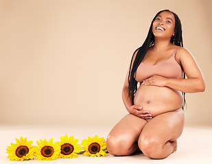 Image showing Pregnancy, mother and portrait of pregnant black woman with sunflower plants happy isolated in brown studio background. Baby, motherhood and future mom holding her tummy, stomach or abdomen for care