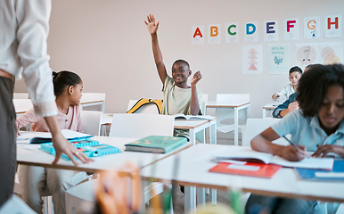 Image showing Question, school and education with a black boy student hand raised in a classroom to ask or answer his teacher. Kids, asking and learning with a young male child in class to study for growth