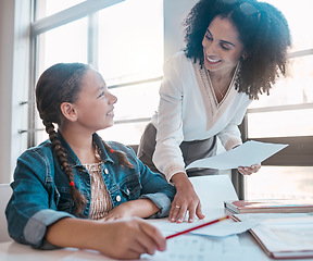 Image showing Paper, education or teacher helping a student in a classroom with learning development or studying notes. Writing, notebook or happy black woman teaching, talking or speaking to a high school girl