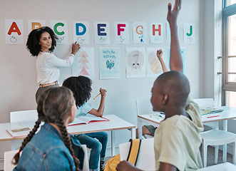 Image showing Education, children with question or students hands with exam learning, language teacher assessment or scholarship support. Hand, school or group of kids in classroom for alphabet help or test study