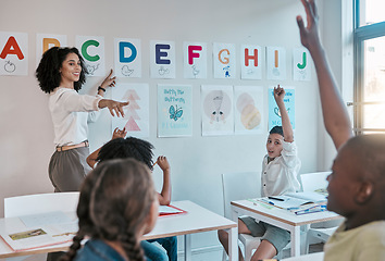 Image showing Diversity, education and teacher with class, question and learning for child development, growth and smile. Black woman, educator and children with answers, prepare for test, exam and conversation