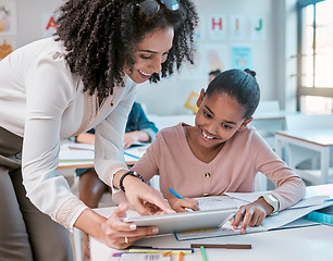 Image showing Tablet education, teacher and kid learning, writing and digital support, helping and classroom mentor. Black woman or person teaching child on technology in English, language or creative development