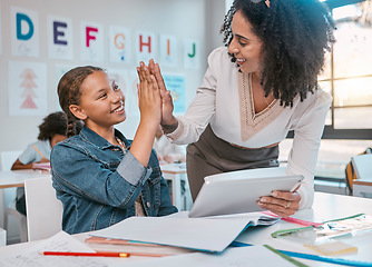 Image showing Tablet, high five and teacher with child education, learning and support, achievement and classroom goal. Mentor, black woman or person and girl in success hand sign for English, language development