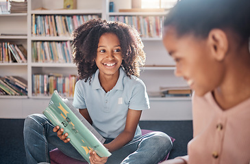 Image showing Library, reading and happy, african children learning, education and English language for group development. Books, knowledge and school or classroom kid or friends for creative storytelling on floor