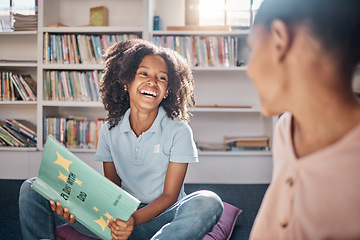 Image showing Education, storytelling or happy students in a library or classroom or for learning development. Smile, kids or excited young children reading funny fantasy or English literature books at school