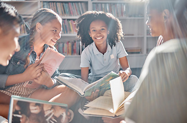 Image showing Books, storytelling or excited students reading in library for learning development or youth group growth. Smile, portrait or happy children with funny kids stories for education in school classroom