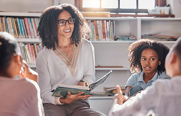 Image showing Storytelling, teacher or students with questions in a classroom or library for learning development. Education, kids or children listening to a black woman asking for feedback on fun books at school