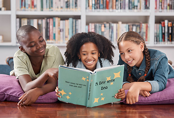 Image showing Children in library, reading book and learning, education and story for academic growth, happiness with friends. Knowledge, information and development, young students happy to learn and school