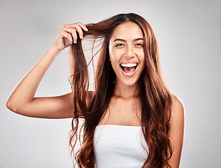 Image showing Hair, portrait and face of excited woman for skin care, makeup and cosmetics with smile in studio. Headshot of aesthetic model person happy about shampoo growth and shine or dermatology facial glow