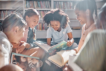 Image showing Education, books or students reading in a library for group learning development or growth. Storytelling, kids or happy children talking together for knowledge on funny fantasy stories at school