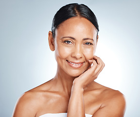 Image showing Senior happy woman, face and portrait with smile in beauty mockup, skincare for anti aging isolated on studio background. Dermatology, healthy skin and facial treatment, wellness and cosmetic care