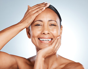 Image showing Face, senior woman and happy in portrait with healthy skin and antiaging skincare isolated on gradient background. Hands, nails and manicure, natural cosmetic care and beauty in studio with mockup