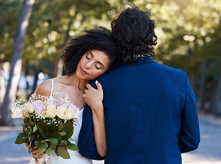 Image showing Married couple, bride and groom hug with love, care and celebration in outdoor garden. Wedding, marriage and romance with calm support, trust and peace from partner, commitment union or relax at park