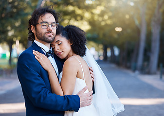 Image showing Wedding, bride and groom hug with love, care and celebration in outdoor garden. Bridal couple, marriage and romance with calm support, trust and peace from partner, commitment union and relax at park