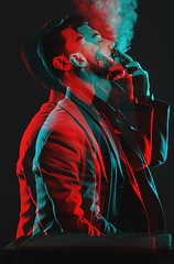 Image showing Side profile of male model smoking, futuristic neon lighting with double exposure in studio with creative dark background. Luxury mens fashion, man cigarette with designer suit in trippy aesthetic