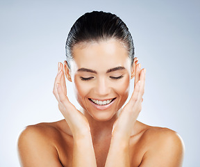 Image showing Happy, health and skincare of natural woman with smile for hydration, self care and glow aesthetic of people. Dermatology, beauty and healthy skin of person on isolated gray studio background