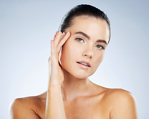 Image showing Skincare, makeup and face of woman isolated in white background in natural cosmetics, young glow and beauty. Brazilian model or person portrait for dermatology results, facial and aesthetic in studio