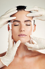 Image showing Skincare, plastic surgery and facial filler on woman with dermatology collagen cosmetics. Headshot of a beauty model person with professional hands for medical procedure on face skin