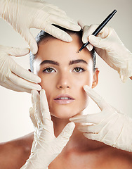 Image showing Beauty, facial filler and plastic surgery for woman portrait with dermatology cosmetics. Aesthetic model with professional hands for collagen or medical procedure pen for change on face skin lines