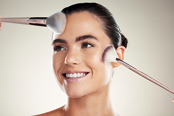 Image showing Makeup brush, beauty and face of a woman in studio with a smile for powder cosmetic product. Aesthetic model person happy about facial skincare and dermatology for glow on skin and spa wellness