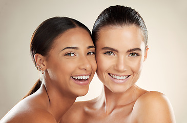 Image showing Beauty, diversity or happy portrait of women with natural cosmetics, healthy skincare glow or luxury self care. Dermatology, spa salon and aesthetic friends with facial makeup, wellness or healthcare