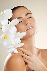 Image showing Skincare, beauty and woman with orchid flower on skin for natural dermatology cosmetic product. Glow on face of aesthetic model in studio for sustainable floral plant for makeup and spa wellness