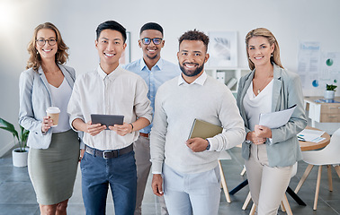 Image showing Business people, office portrait or smile for motivation, teamwork or group goal at startup finance company. Businessman, women and happiness for support, diversity or solidarity for corporate vision