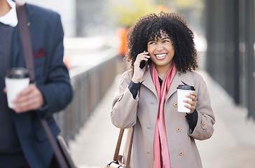 Image showing Happy, travel or business woman with phone call for contact us, schedule or networking in London street. Smile, 5g network or speaking on smartphone for communication or success planning