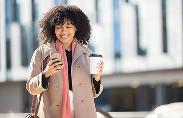 Image showing Search, happy or black woman with phone for internet research, communication or networking. Tech, travel or girl professional in street on 5g smartphone for social network, blog review or media app