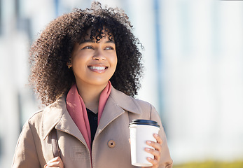 Image showing Thinking, coffee and business woman in city for morning, lunch break and wellness. Relax, happy and smile with person walking in urban town with drink for start, career or professional mindset