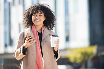 Image showing City, happy or black woman with phone for internet research, communication or networking. Tech, smile or girl in London street on 5g smartphone for social network, blog review or media app search