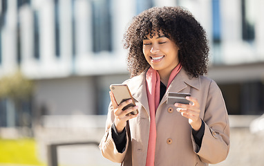 Image showing Credit card, city or woman with phone on online shopping for payment, internet purchase or ecommerce in London street. Fintech, happy or employee girl on 5g smartphone for trading, banking or invest