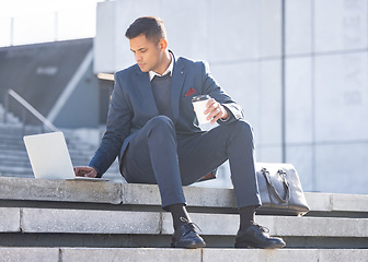 Image showing Thinking, city or business man with laptop for website search, communication or networking. Remote work, data analysis or employee in London street on tech for social network, research or blog review