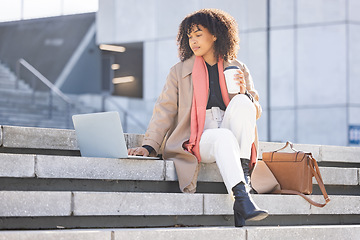 Image showing Search, thinking or black woman with laptop in city of London for internet research, communication or networking. Creative, data analysis or remote work on tech for social network, web or blog review