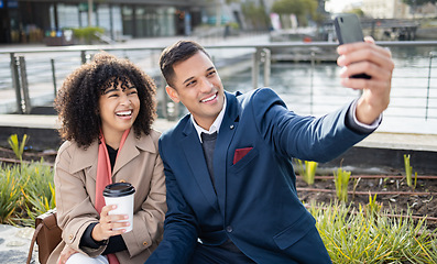 Image showing Happy selfie, coffee and woman and businessman with photo memory of relax people in New York USA. Corporate employee friends, smile and African worker partnership of company team in urban city