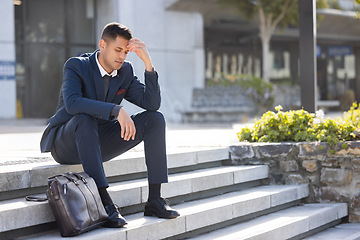 Image showing Stairs, mental health and sad business man fired for trading investment fail, unemployment crisis or trader mistake. Depression mockup, office building or person with lost job over stock market crash