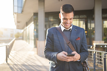 Image showing Happy, business man or travel with phone for networking, social media or communication in London street. Search, email or professional on 5g smartphone for research, internet or blog review outdoor