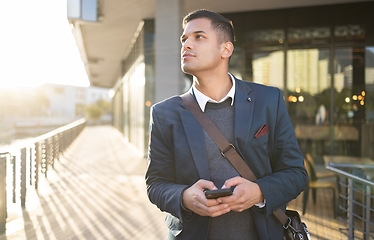 Image showing City, thinking or business man with phone for internet research, communication or networking. Tech, online or professional in street on 5g smartphone for social network, blog review or media search