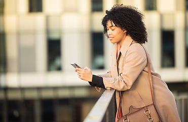 Image showing Communication, search or black woman with phone in city for internet research, thinking or networking. Tech, girl or professional on 5g smartphone for social network, blog review or email media app